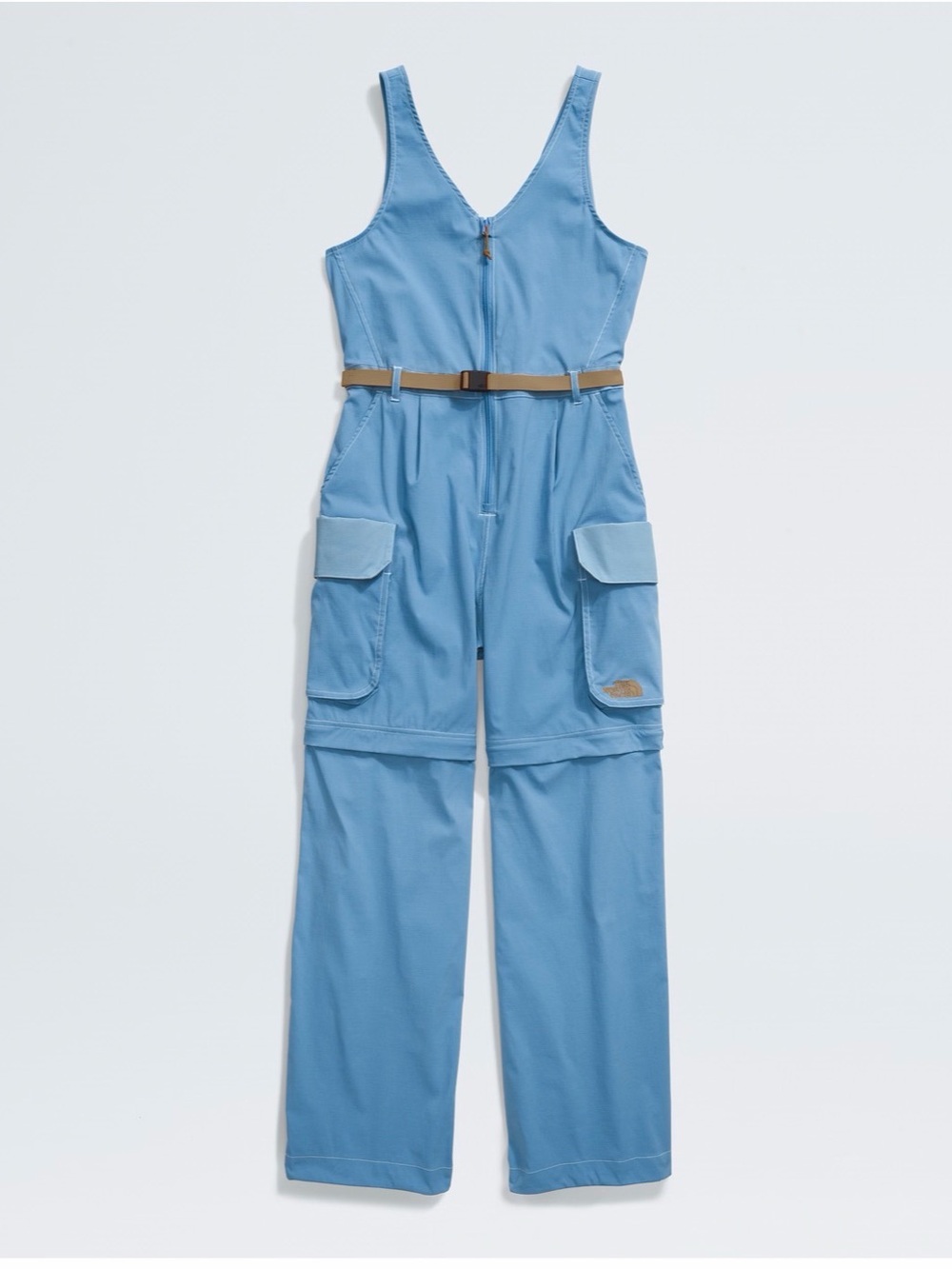 The North Face Women’s Sky Blue Utility Cargo Jumpsuit with Tan Belt